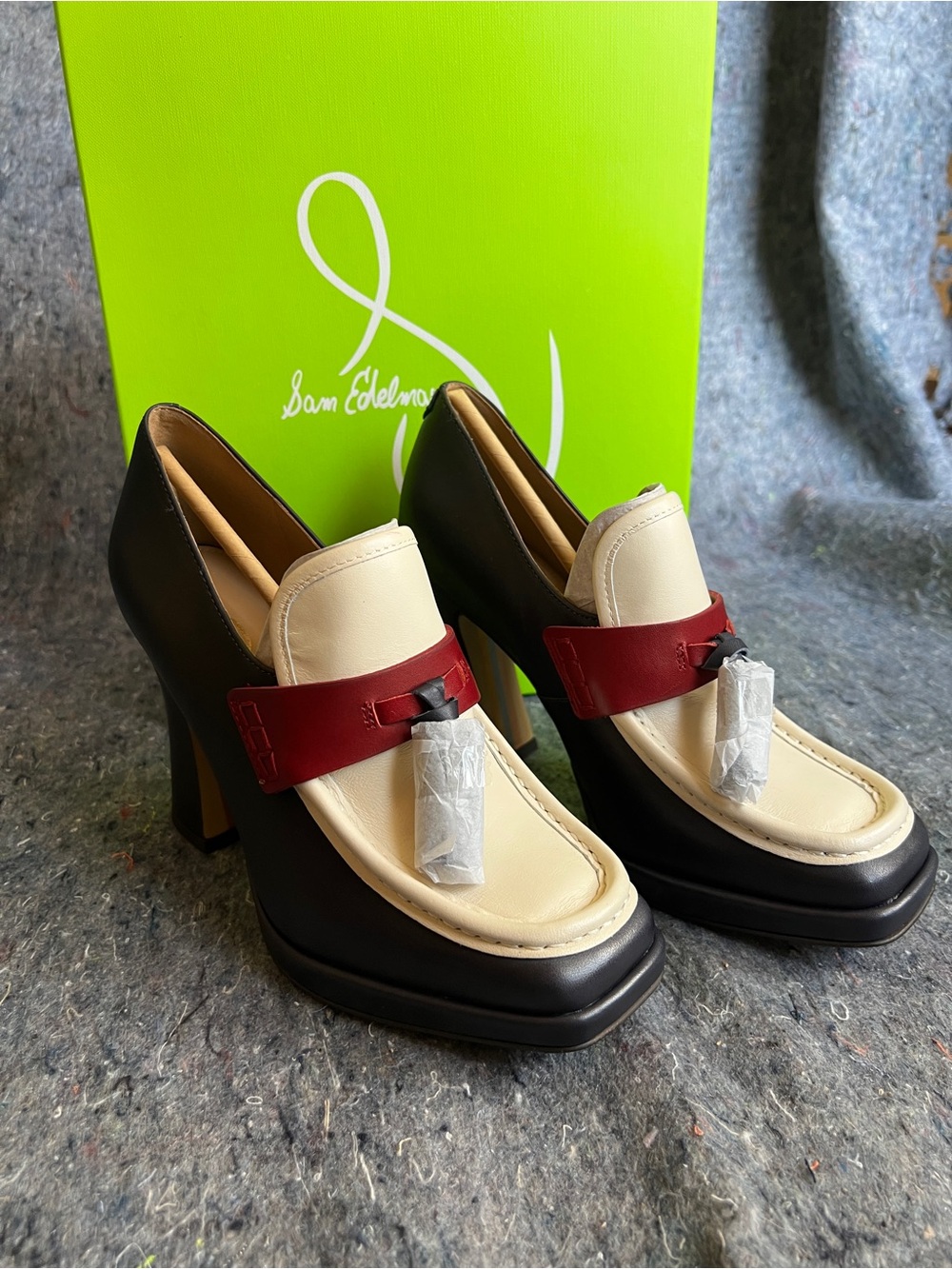 Sam Edelman “Jed” Two-Tone Leather Platform Loafer Pump in Navy, Cream & Red